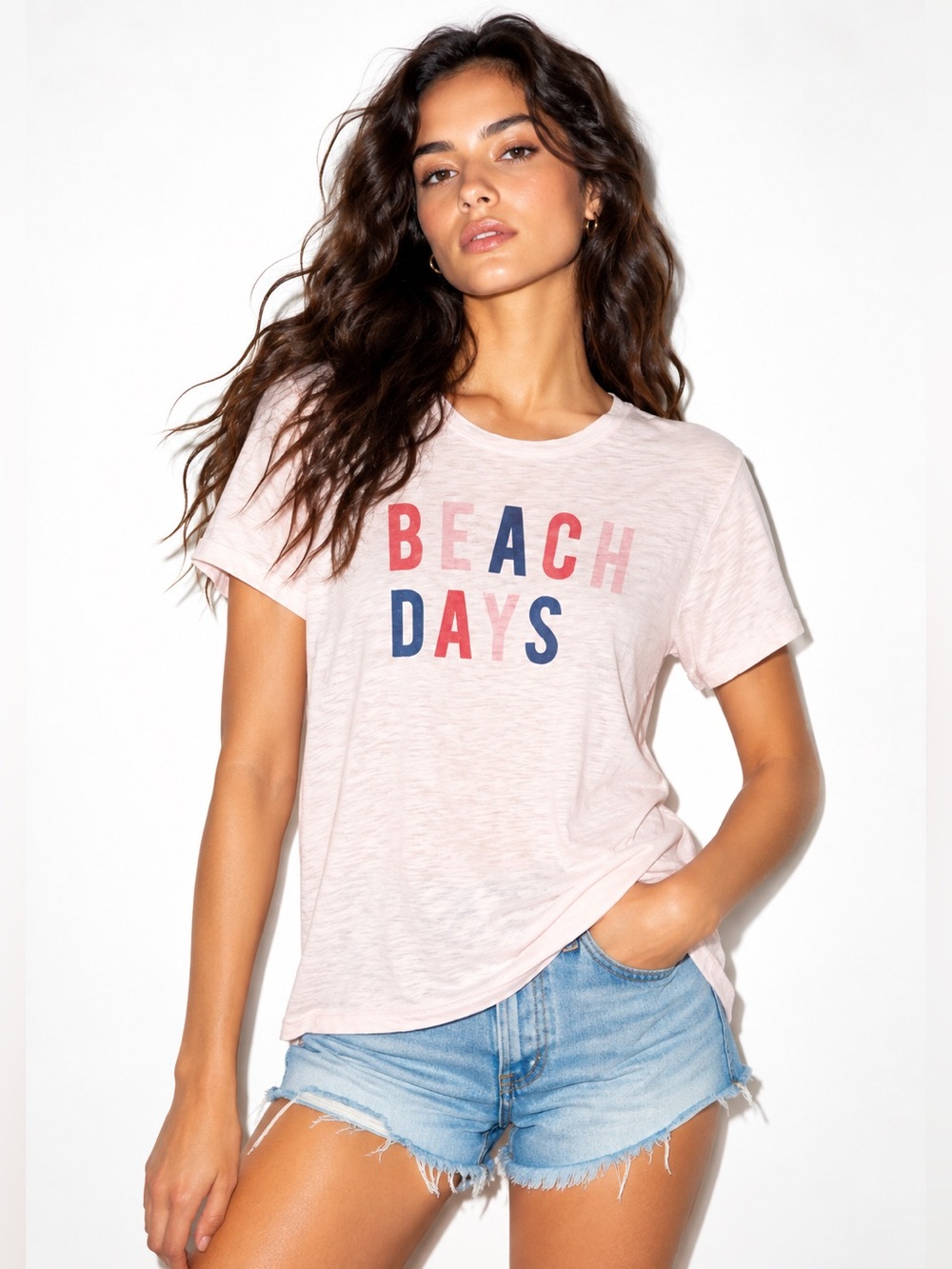 Sundry Pink Graphic 'Beach Days' Tee with Red & Navy Letters